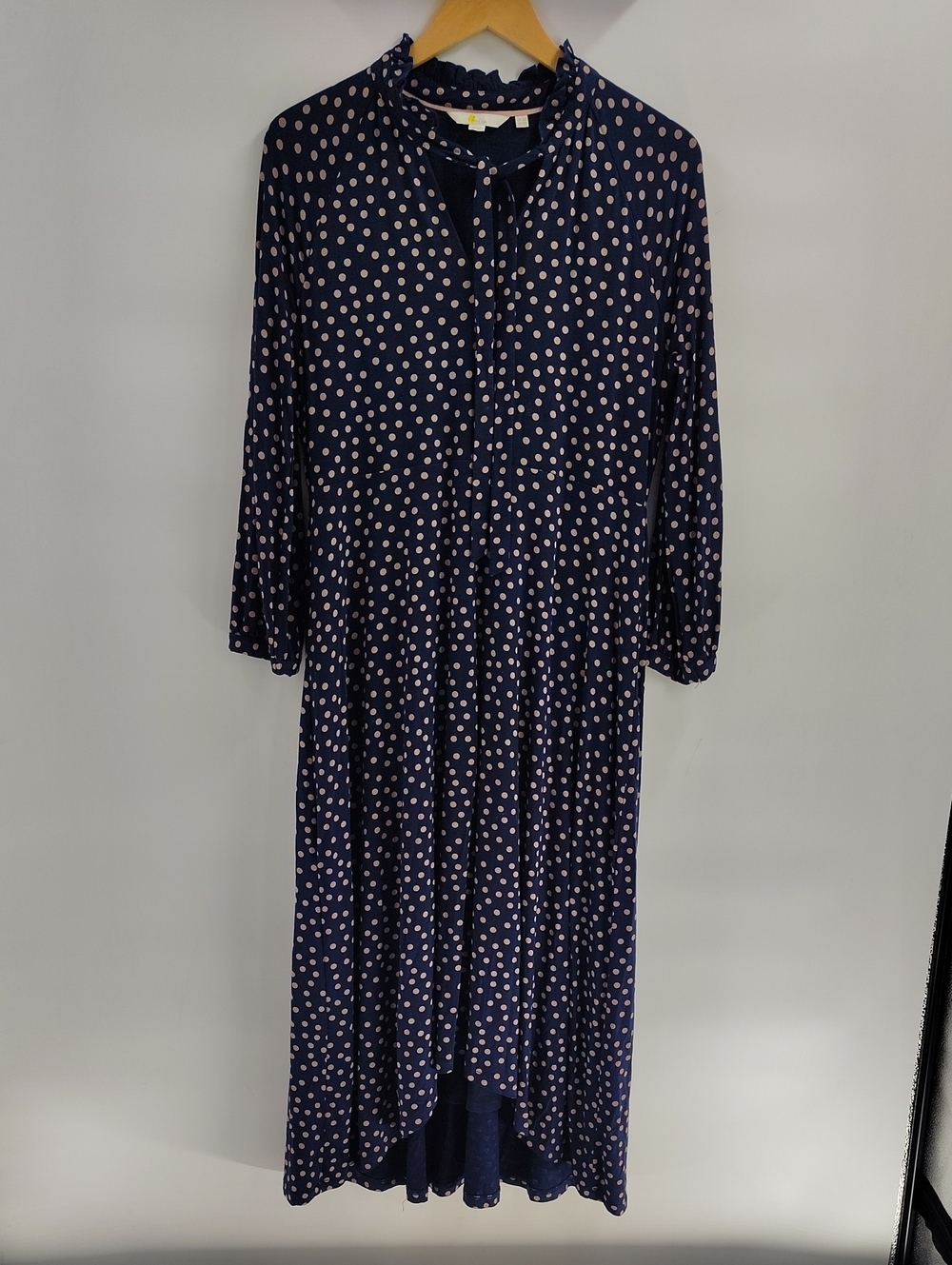 Boden Dress Size 10 Blue Tan Polka Dot Long Sleeve Hi Low Front Tie